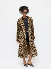 Oversized Leopard Notched Collar Button Faux Fur Longline Coat