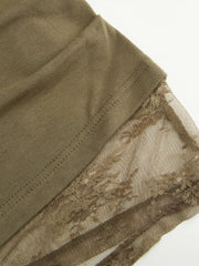 Two Tone Cowl Neck Long Sleeve Contrasting Lace Ruched Top