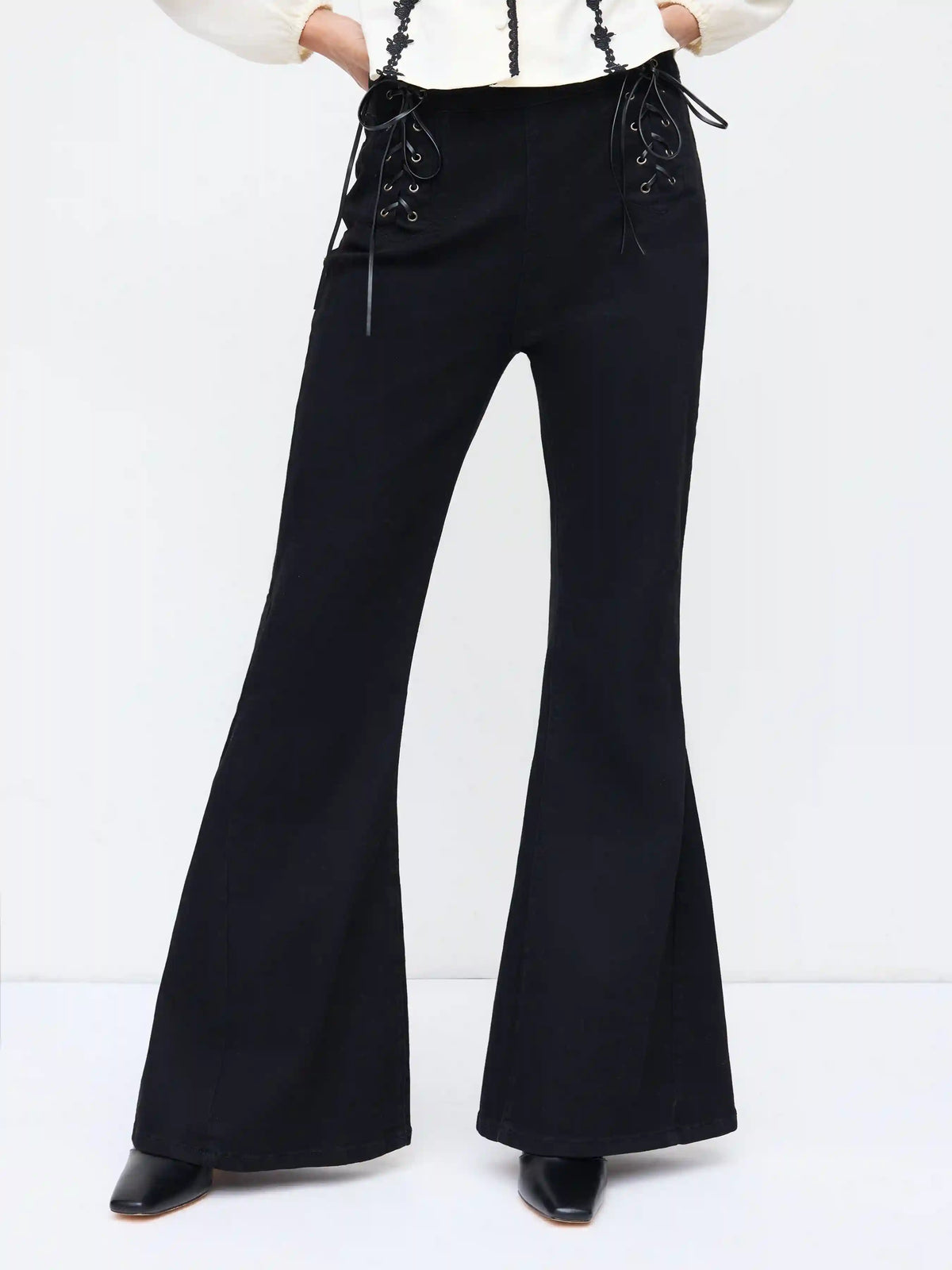 Stretch Cider Denim High Rise Side Lace Up Flared Jeans