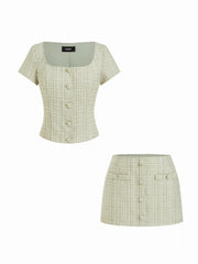 Tweed Square Neck Checks Top & Mid Rise Mini Skirt Set