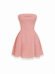 Cotton-blend Gingham Bandeau Bowknot Lace Trim A-line Mini Dress