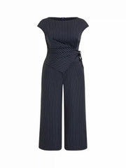 Striped Asymmetrical Hem Zip Through Knotted Wide Leg Jumpsuit Curve & Plus