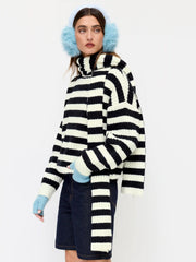 Knit Round Neck Striped Oversized Sweater Top With Scarf