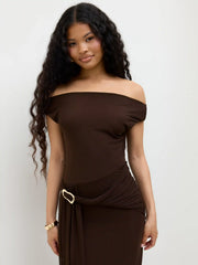 Mesh Asymmetrical Neck Ruched Draped Maxi Dress