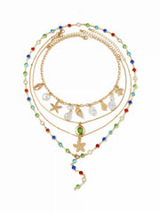 STARFISH & SHELL & RHINESTONE LAYERED NECKLACE