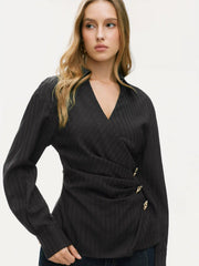 V-neck Striped Metal Button Wrap Blouse