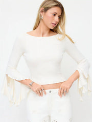 Boat Neck Long Ruffle Sleeve Top