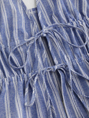 Cotton-blend Halter Neckline Stripe Tie Front Shirred Top &  Mid Rise Shorts Set