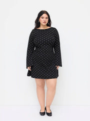 Cotton-blend Boat Neck Polka Dot Ruched Bell Sleeve Mini Dress Curve & Plus