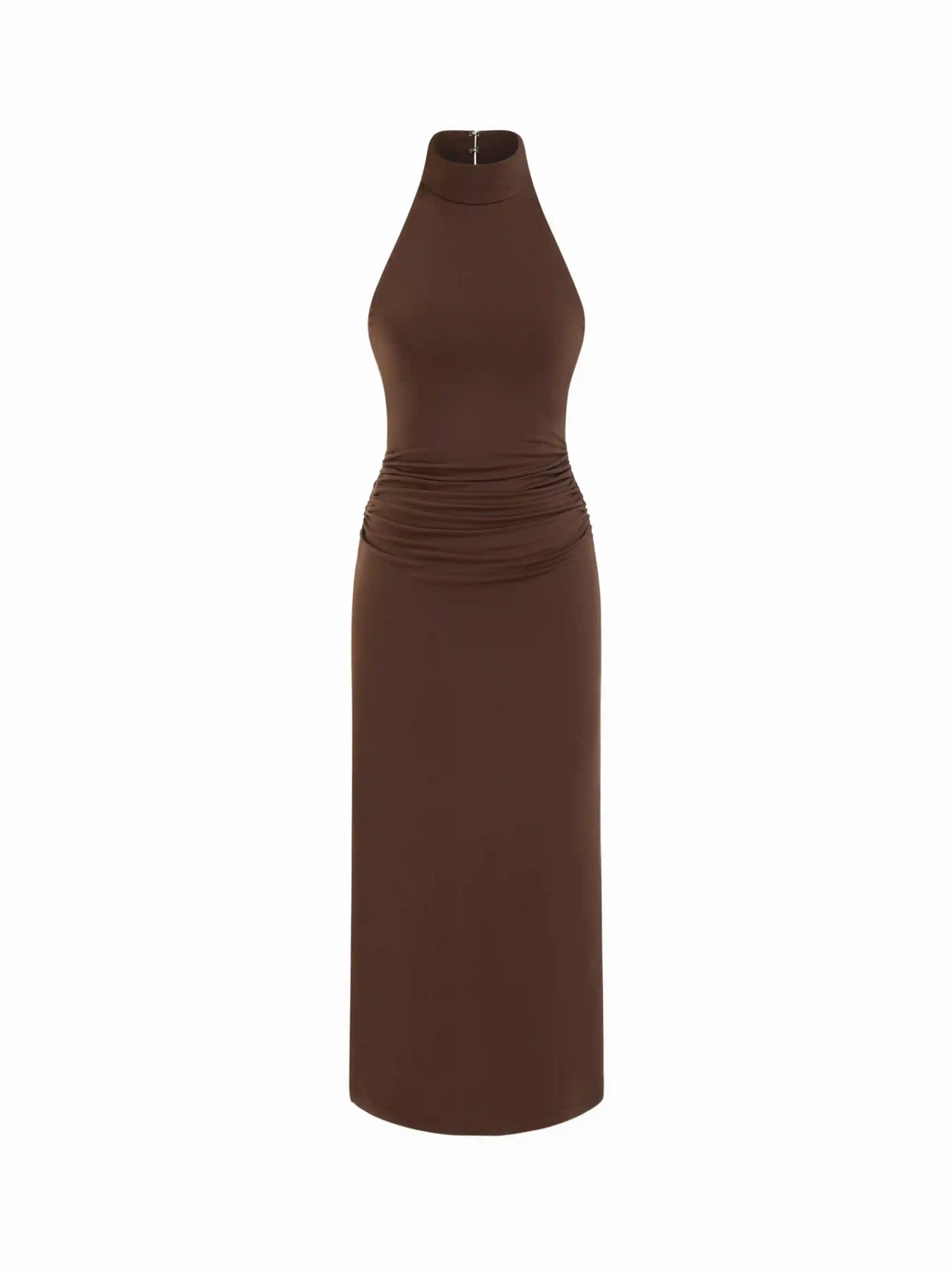Jersey Halter Neck Ruched Zipper Maxi Dress