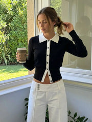Knit Collar Button Two Tone Long Sleeve Cardigan