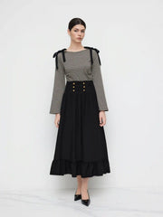 Mid Rise Solid Button Lace Up Ruffle Maxi Skirt