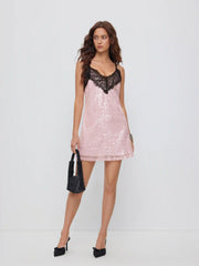 Sequins V-neck Lace Trim A-line Mini Dress