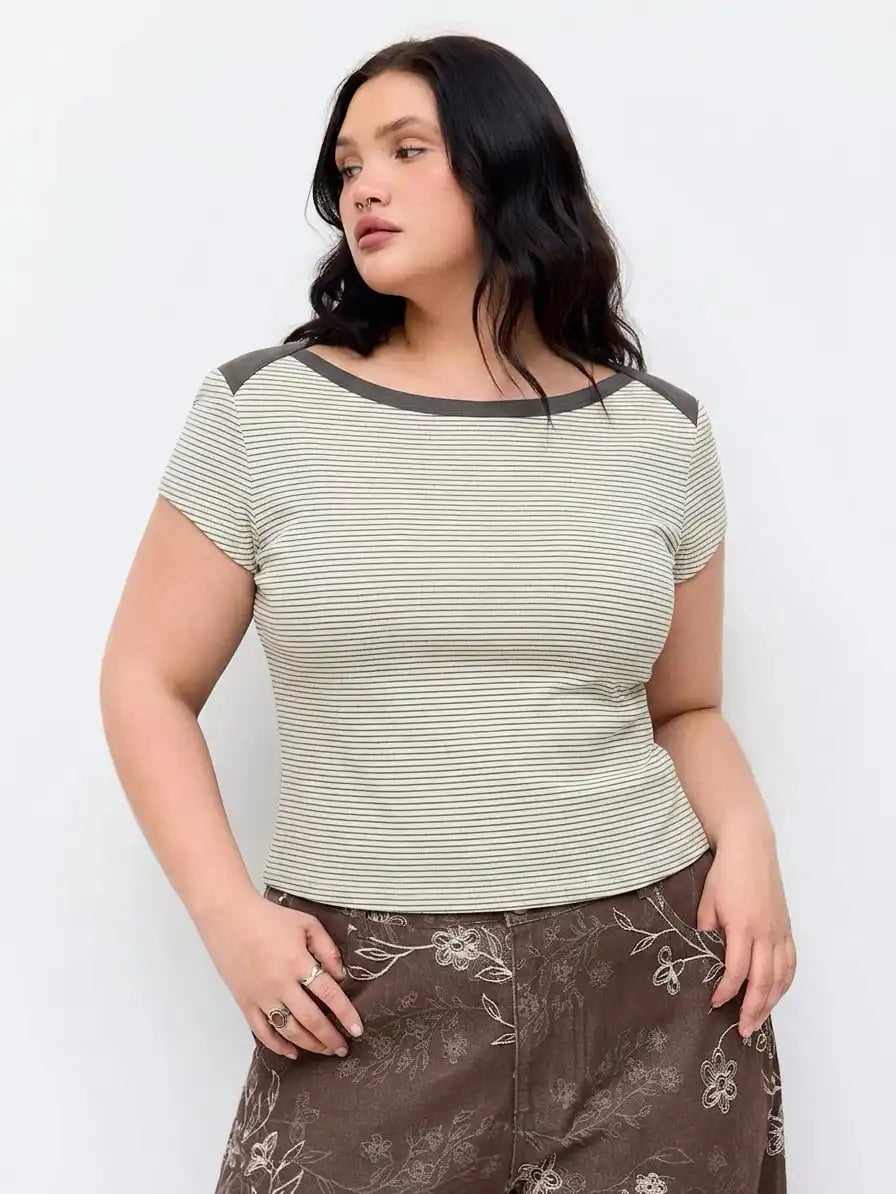 Cotton-blend Striped Boat Neck Short Sleeve Tee Curve & Plus