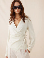 Linen-blend Stripes Asymmetrical Wrap Ruched Knotted Shirt