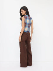 High Neck Plaid Texture Lettuce Trim Tank Top