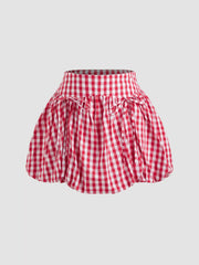 Cotton-blend Gingham Shirred Knotted Crop Tube Top & Gingham Bubble Hem Knotted Mini Skirt Set