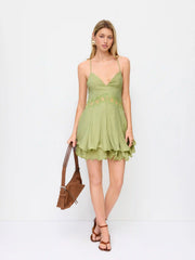 Sweetheart Ruffled Cut Out Criss Cross Flared Mini Dress