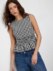 Cotton-blend Gingham Boat Neck Ruffled Top