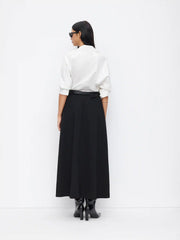 Stretchy Mid Rise Solid Maxi A-line Skirt With Belt