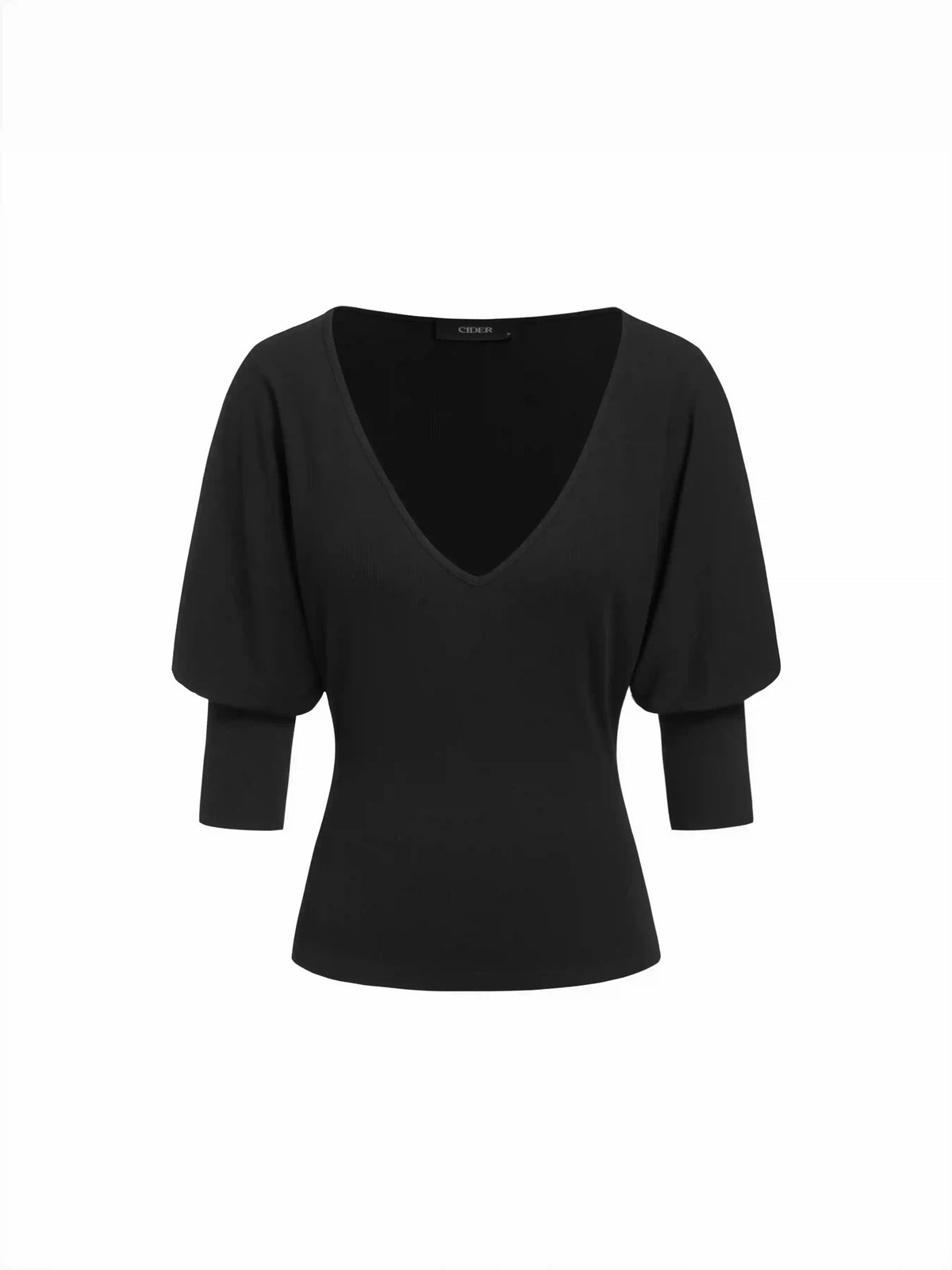 Cotton-blend V-neck Middle Lantern Sleeve Top