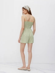 Cotton-blend Sweetheart Gingham Shirred Knotted Romper
