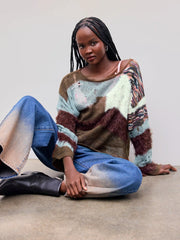 Wool-blend Knitted Boat Neckline Colorblock Long Sleeve Top