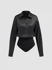 Satin Collar Solid Long Sleeve Shirt Bodysuit