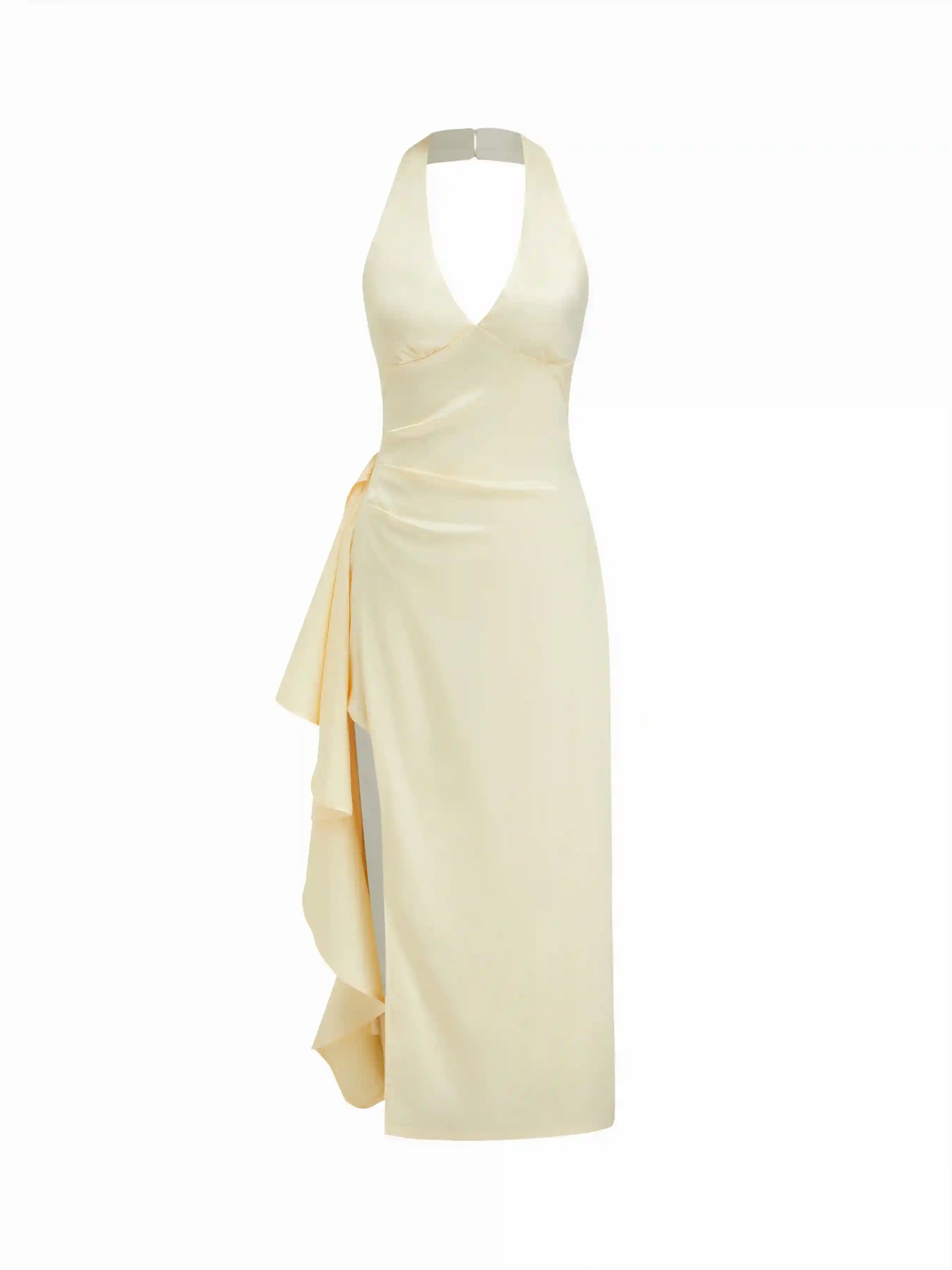 Satin Halter V-neck Split Draped Maxi Dress
