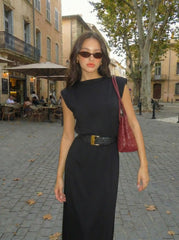 Round Neckline Split Straight Maxi Dress With Belt