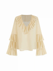 Chiffon V-Neck Ruffled Tiered Sleeve Oversized Blouse