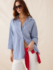 Cotton-blend Collar Stripe Middle Sleeve Shirt