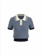 Knit Stripes Polo Neck Colorblock Short Sleeve Top