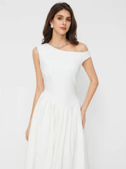 Asymmetrical Neck Pleated Ruffle Maxi Dress