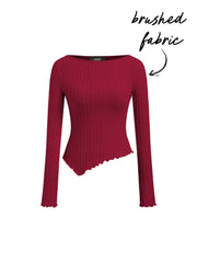 Brushed Fabric Boat Neck Long Sleeve Asymmetrical Hem Lettuce Trim Top