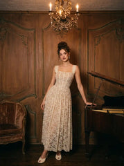 Lace Floral Square Neck Corset Flared Maxi Dress
