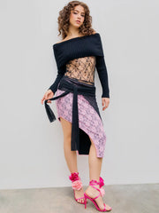Middle Waist Lace Floral Bowknot Asymmetrical Midi Skirt