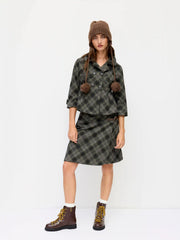 Wool-Look Low Rise Plaid Toggle Button Midi Skirt