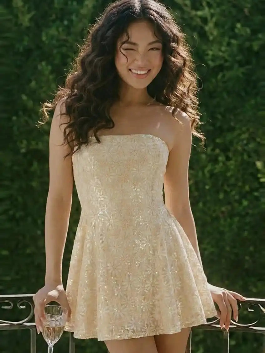 Sequins Floral Bandeau A-line Mini Dress