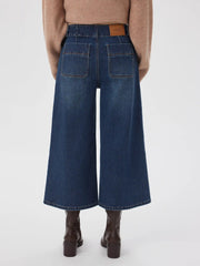 Stretch Denim High Rise Wide Leg Cropped Jeans With Metal Button