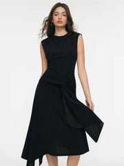 Round Neck Belted Asymmetrical Hem Midi Dress