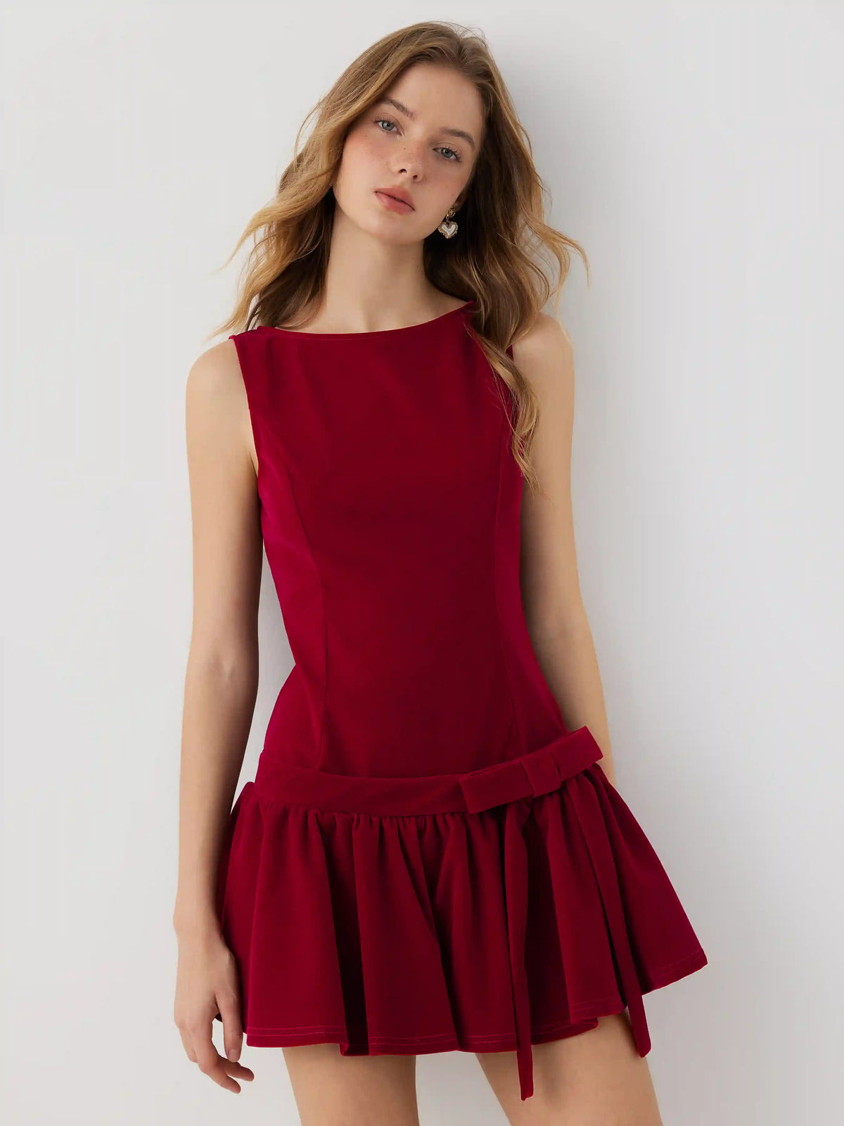 Velvet Boat Neck Ruffled & Bowknot Mini Dress