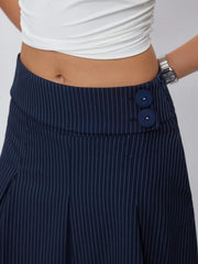 Mid Rise Striped Pleated Pocket Midi Skirt