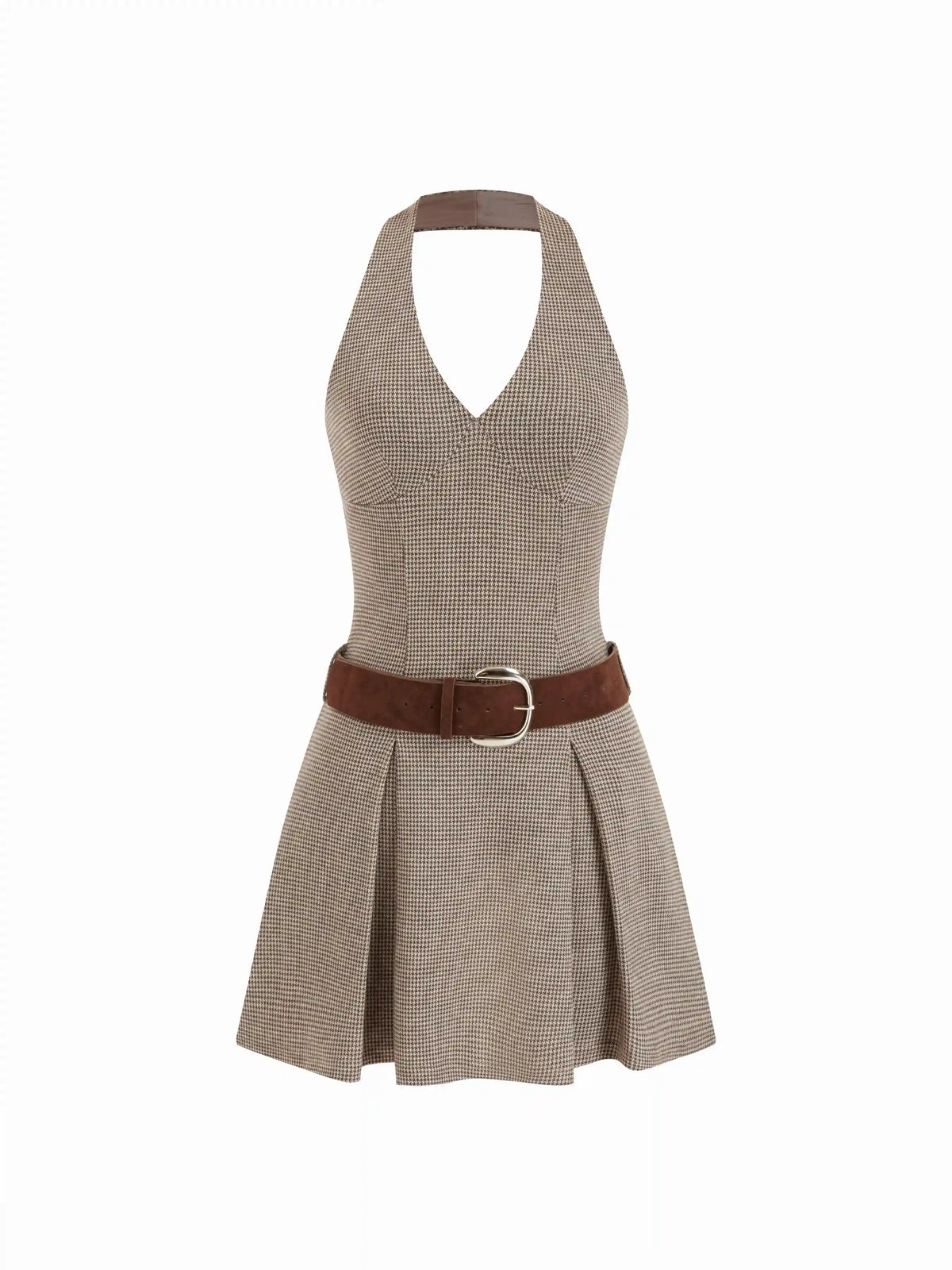 Houndstooth Halter Neckline A-line Mini Dress With Belt