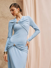 Asymmetrical Ruched Twist Metal Detail Long Sleeve A-line Maxi Dress