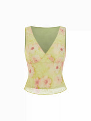 V-neck Floral Embroidery Sheer Tank Top