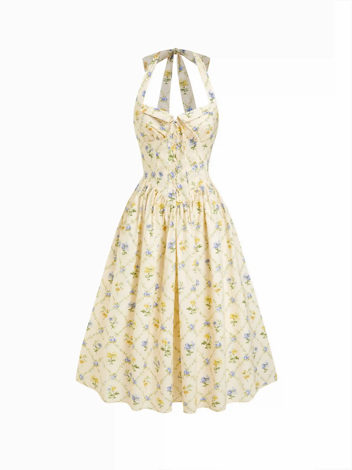 Cotton-blend Sculptural Ditsy Floral Halter Neckline Knotted A-line Maxi Dress