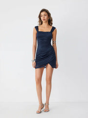 Glitter Square Neck Ruched Split Bodycon Mini Dress