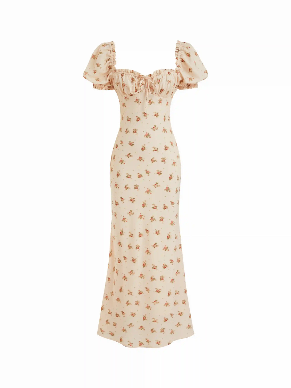 Satin Floral Sweetheart Puff Sleeve Ruched Lettuce Trim Mermaid Maxi Dress