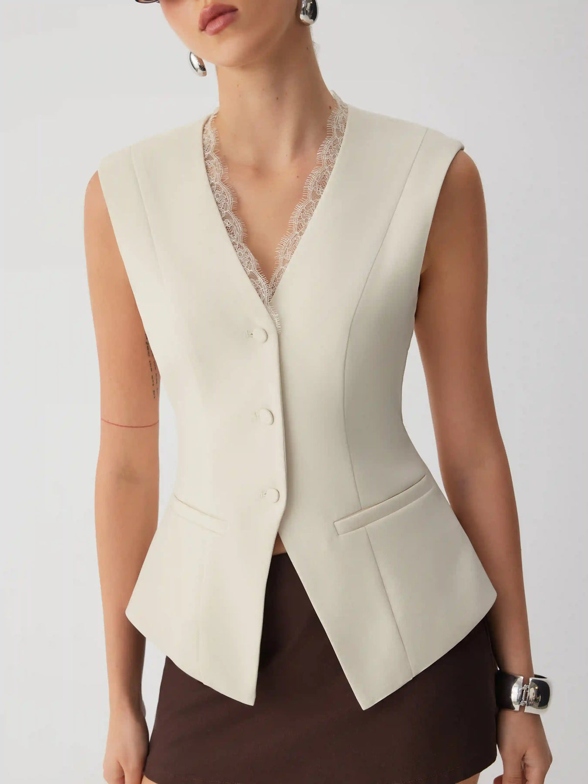 V-neck Lace Trim Waistcoat Top
